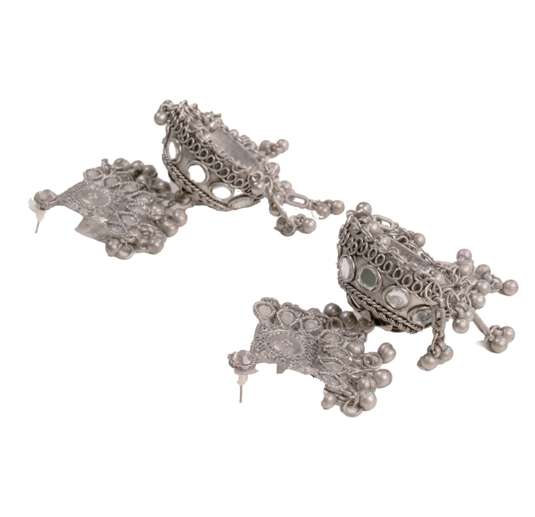 oxidised jhumka earrings with mirror work