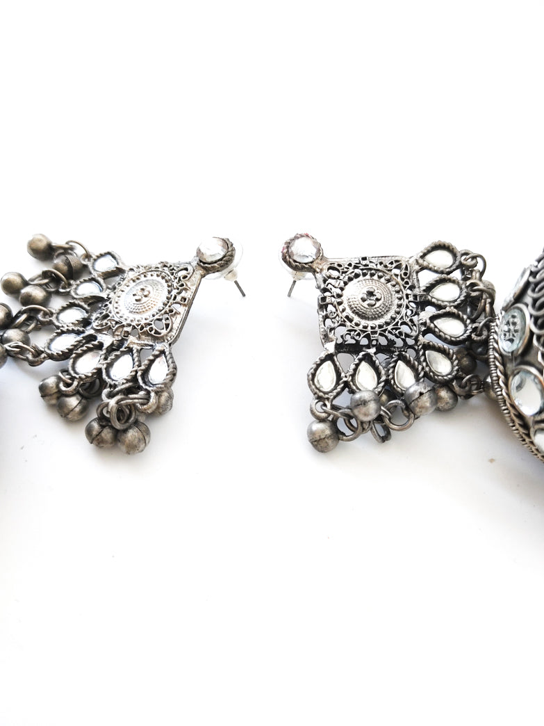 oxidised jhumka earrings with mirror work
