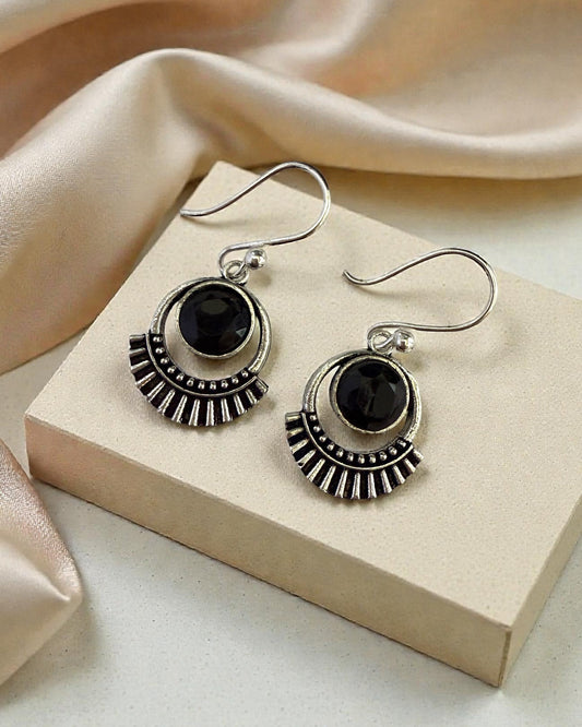 Silver-plated Oxidised Drop Earrings with Black Stone for girls and women