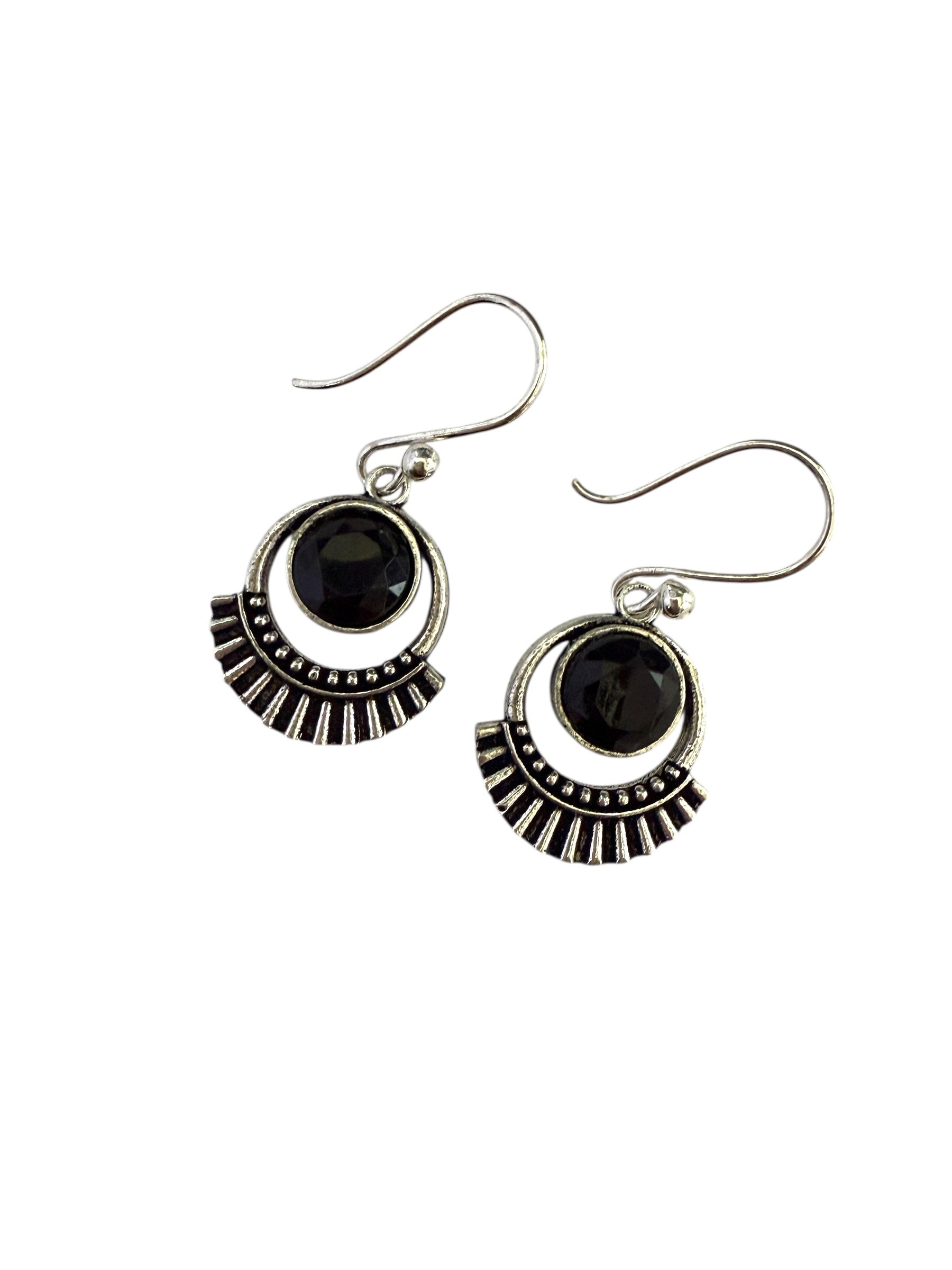 Silver-plated Oxidised Drop Earrings with Black Stone for girls and women