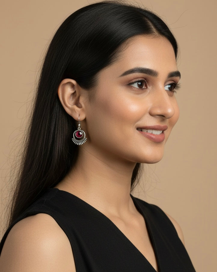 Silver-plated Oxidised Drop Earrings with Deep Red Stone