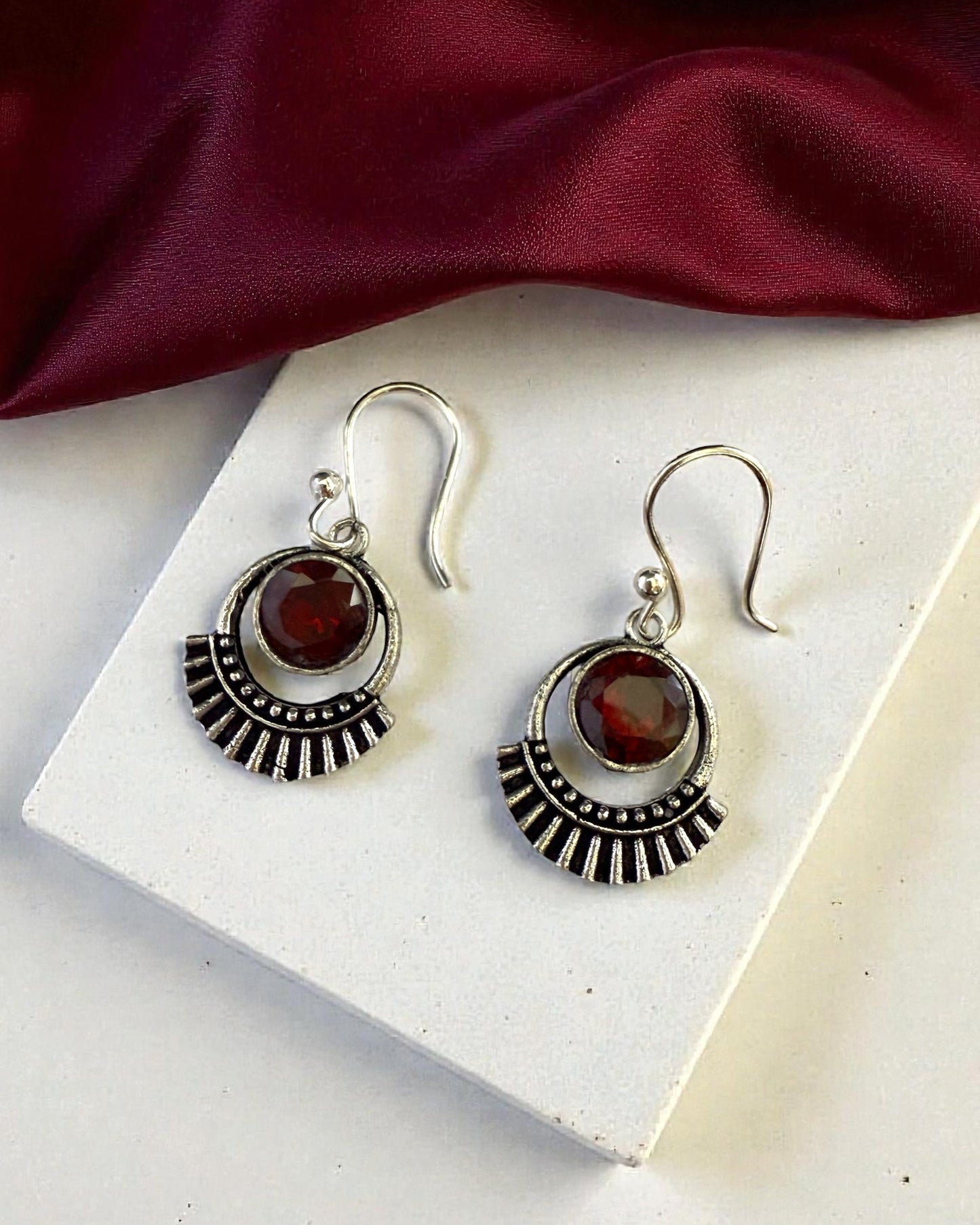 Silver-plated Oxidised Drop Earrings with Deep Red Stone