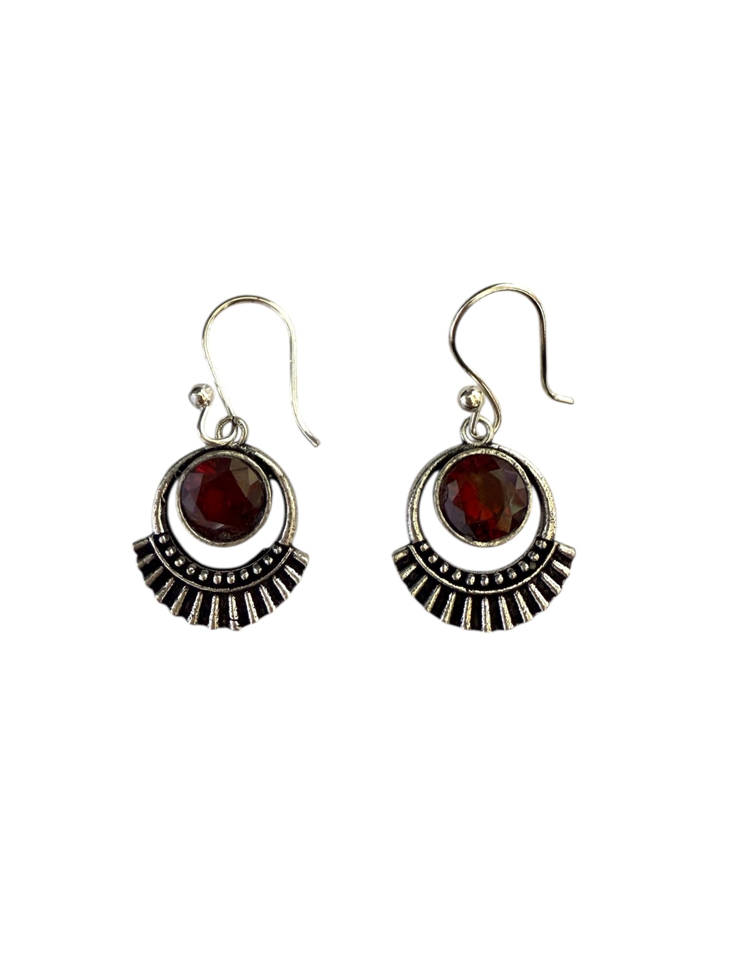 Silver-plated Oxidised Drop Earrings with Deep Red Stone