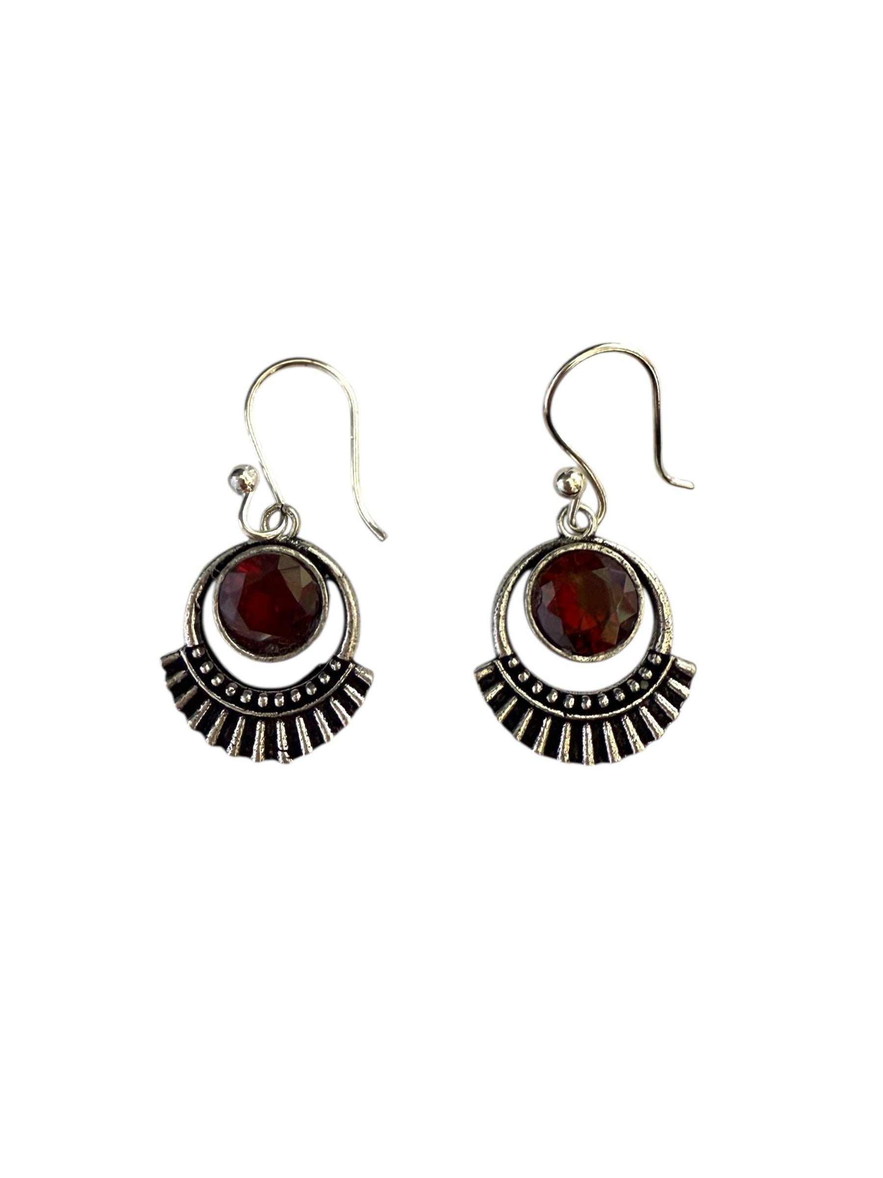 Silver-plated Oxidised Drop Earrings with Deep Red Stone