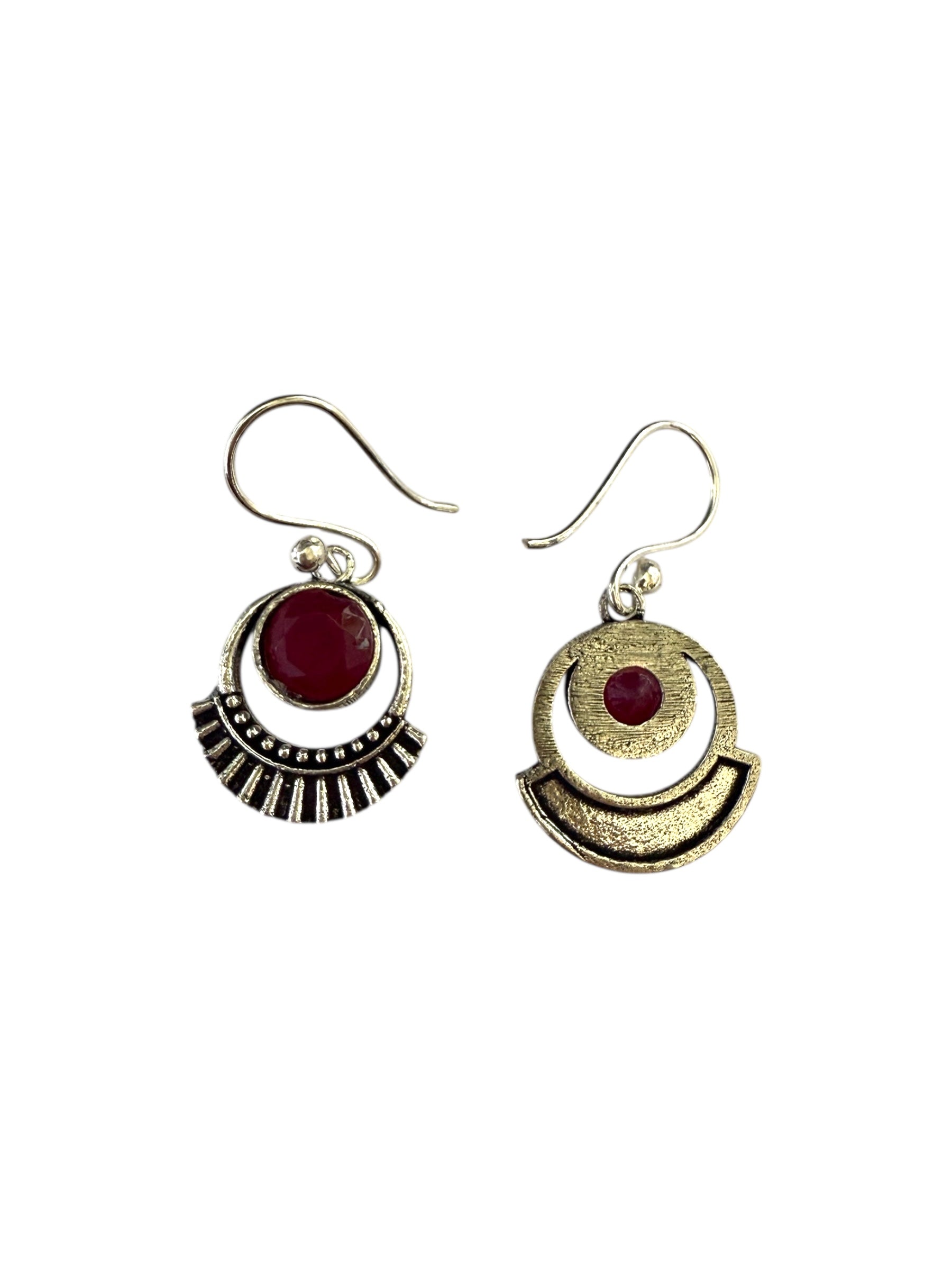 Silver-plated Oxidised Drop Earrings with Deep Red Stone