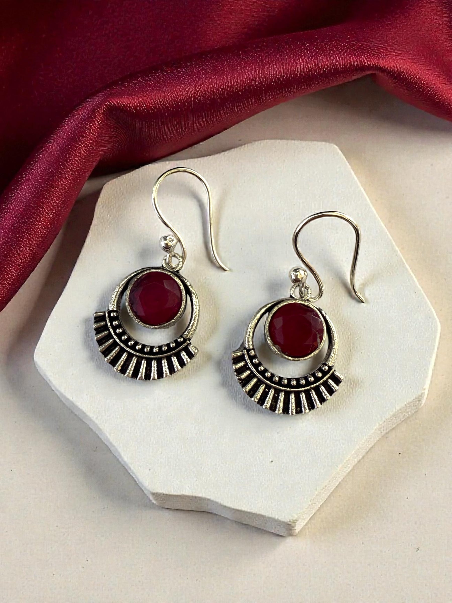 Silver-plated Oxidised Drop Earrings with Ruby(Deep Pink) Stone