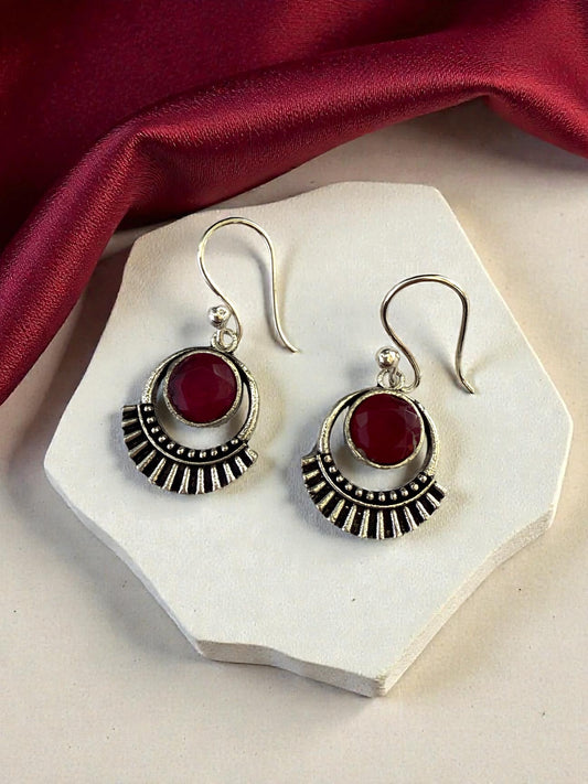 Silver-plated Oxidised Drop Earrings with Ruby(Deep Pink) Stone