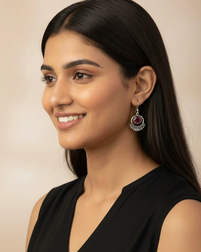Silver-plated Oxidised Drop Earrings with Ruby(Deep Pink) Stone