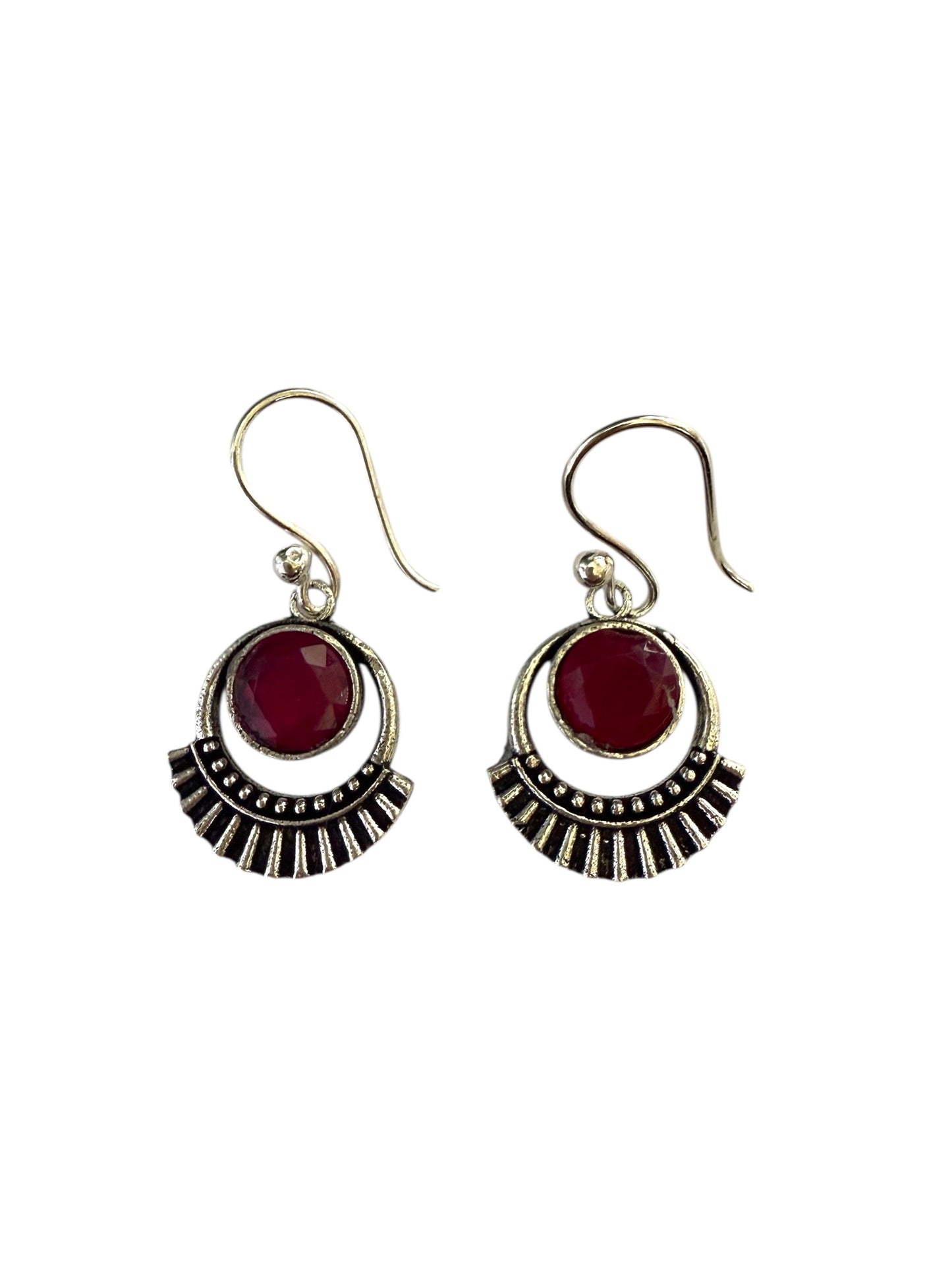 Silver-plated Oxidised Drop Earrings with Ruby(Deep Pink) Stone