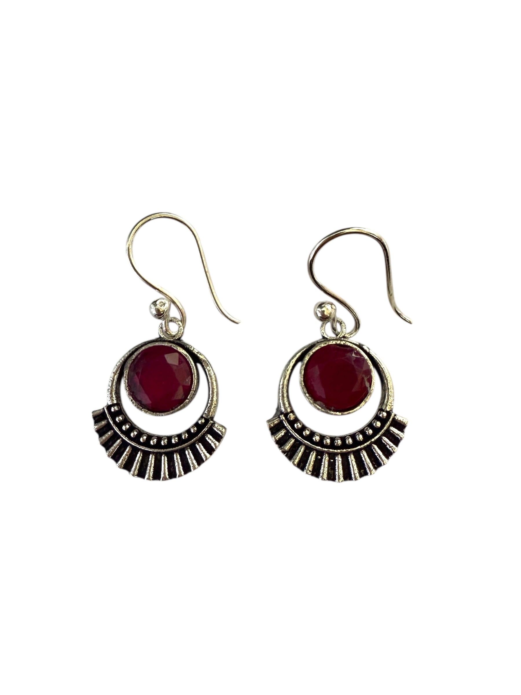 Silver-plated Oxidised Drop Earrings with Ruby(Deep Pink) Stone