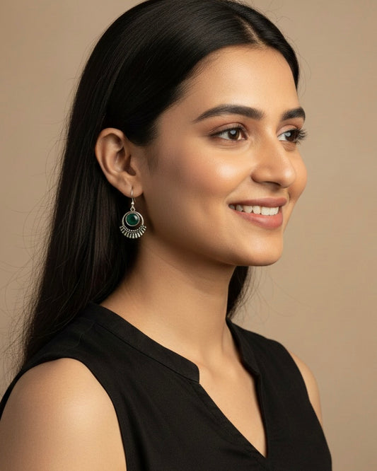 Silver-plated Oxidised Drop Earrings with Green Stone