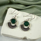 Silver-plated Oxidised Drop Earrings with Green Stone