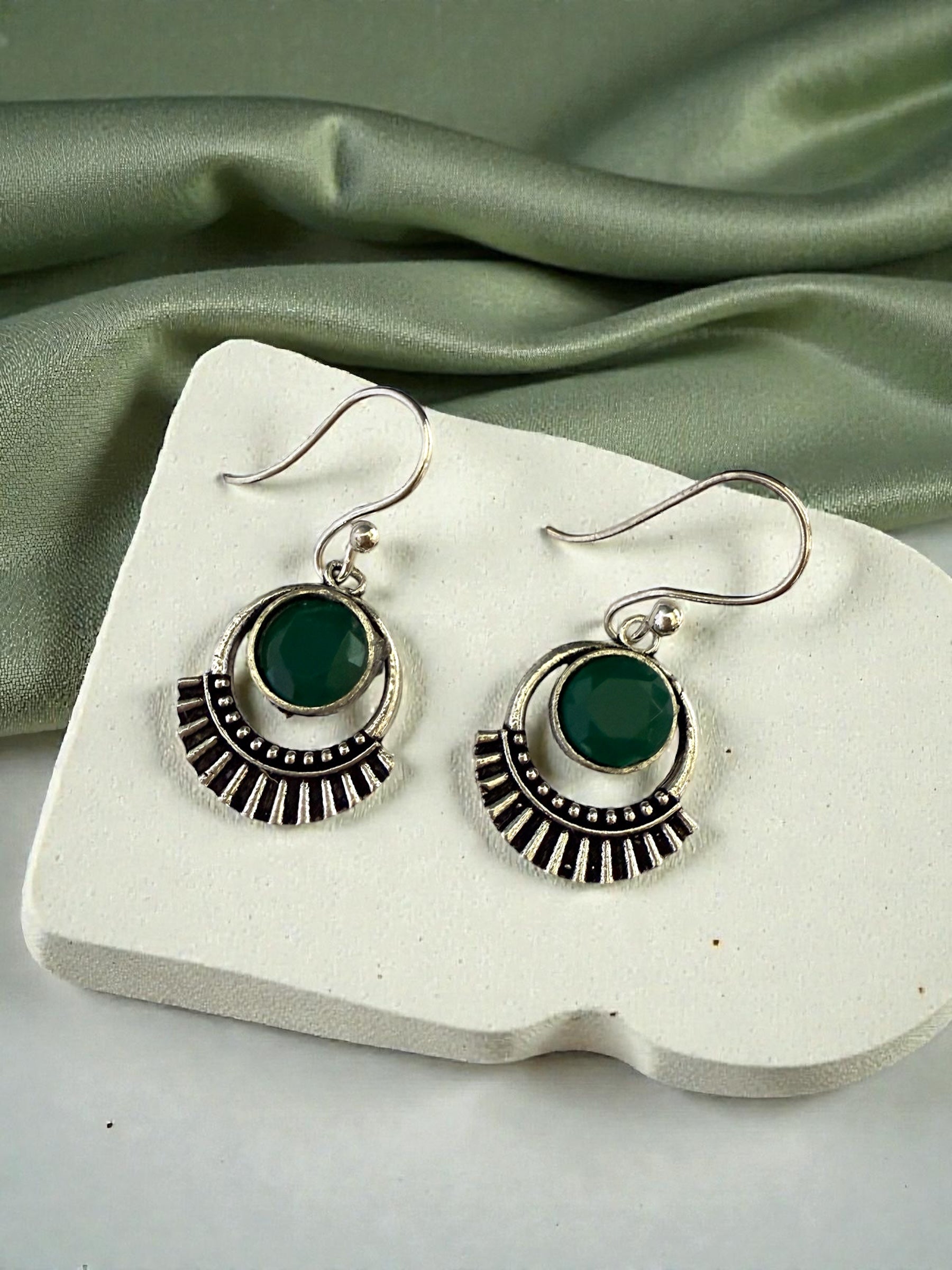 Silver-plated Oxidised Drop Earrings with Green Stone