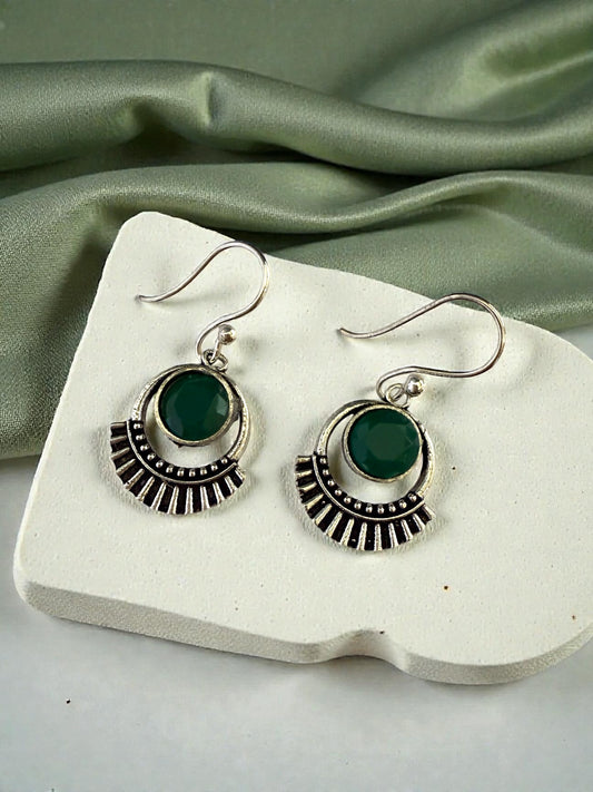 Silver-plated Oxidised Drop Earrings with Green Stone