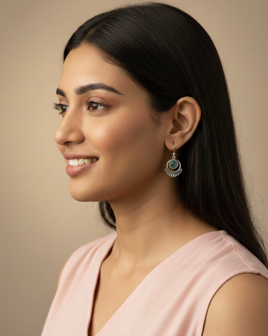 Silver-plated Oxidised Drop Earrings with Jade Green Stone
