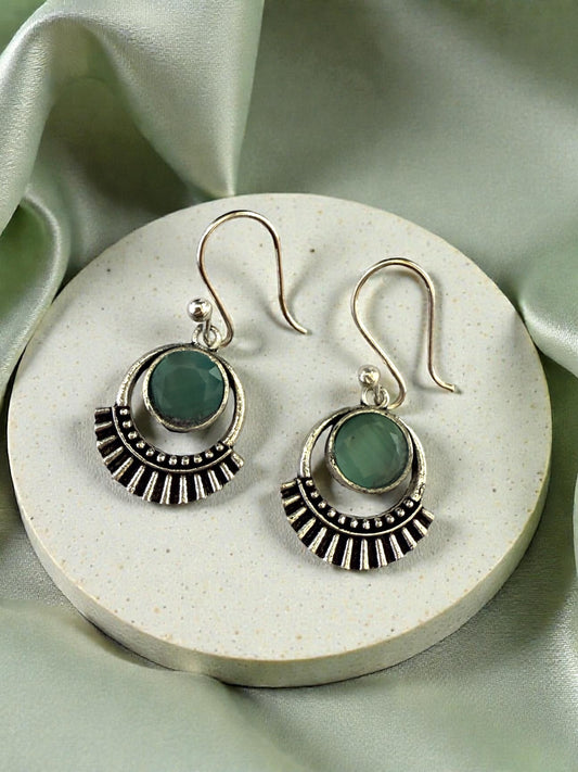 Silver-plated Oxidised Drop Earrings with Mint Green Stone