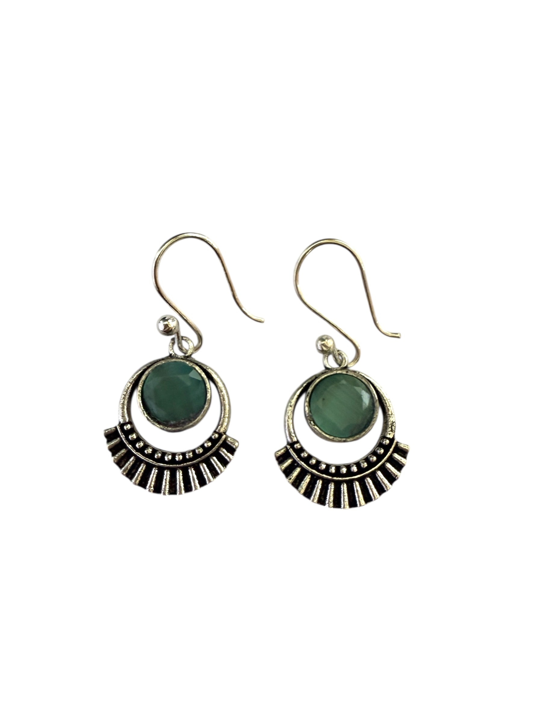 Silver-plated Oxidised Drop Earrings with Jade Green Stone