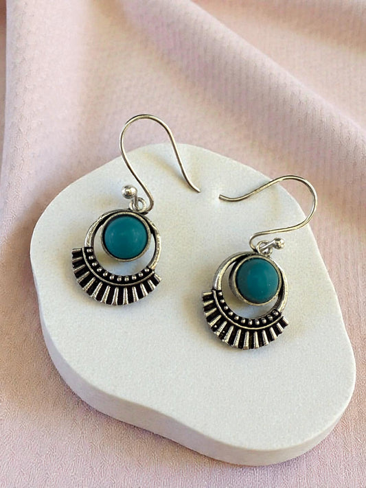 Silver-plated Oxidised Drop Earrings with Turquoise Blue Stone