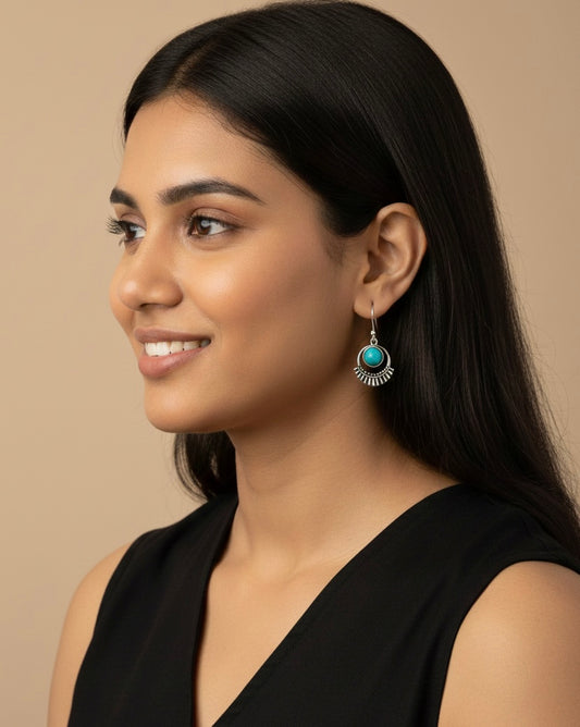 Silver-plated Oxidised Drop Earrings with Turquoise Blue Stone
