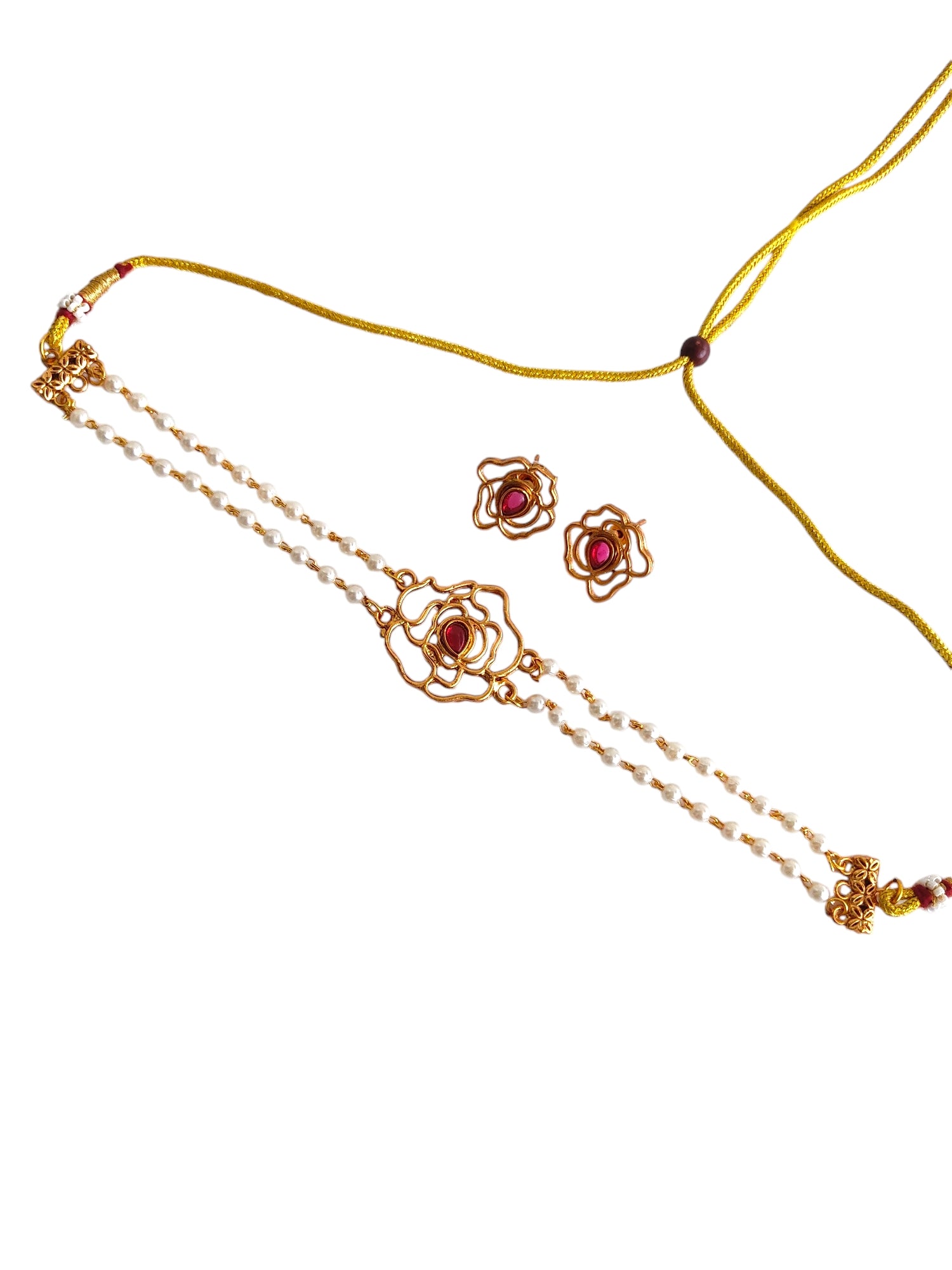 Pearl Choker Set with Red stone & Rose Design