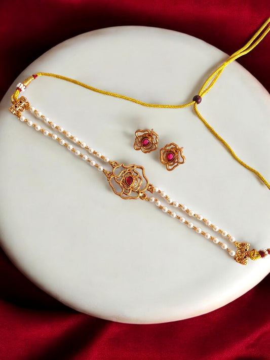 Pearl Choker Set with Red stone & Rose Design