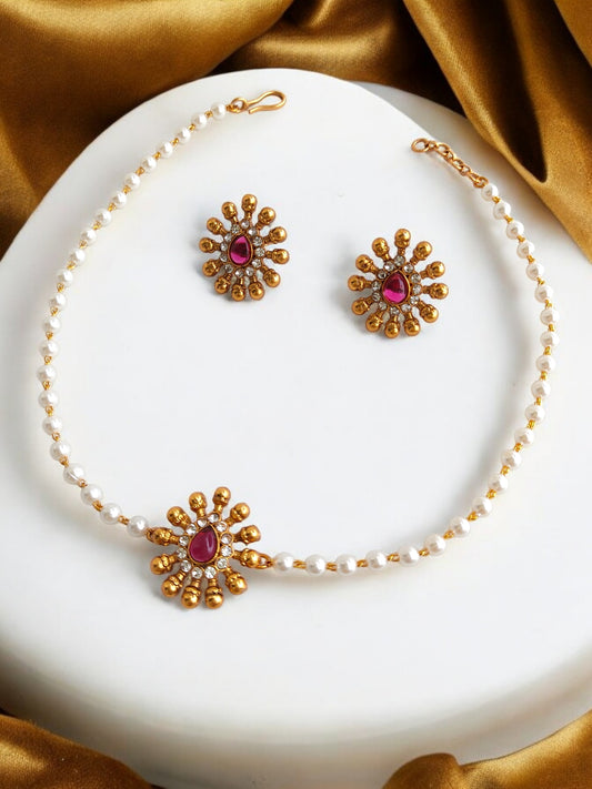 Pearl Necklace set with red stone