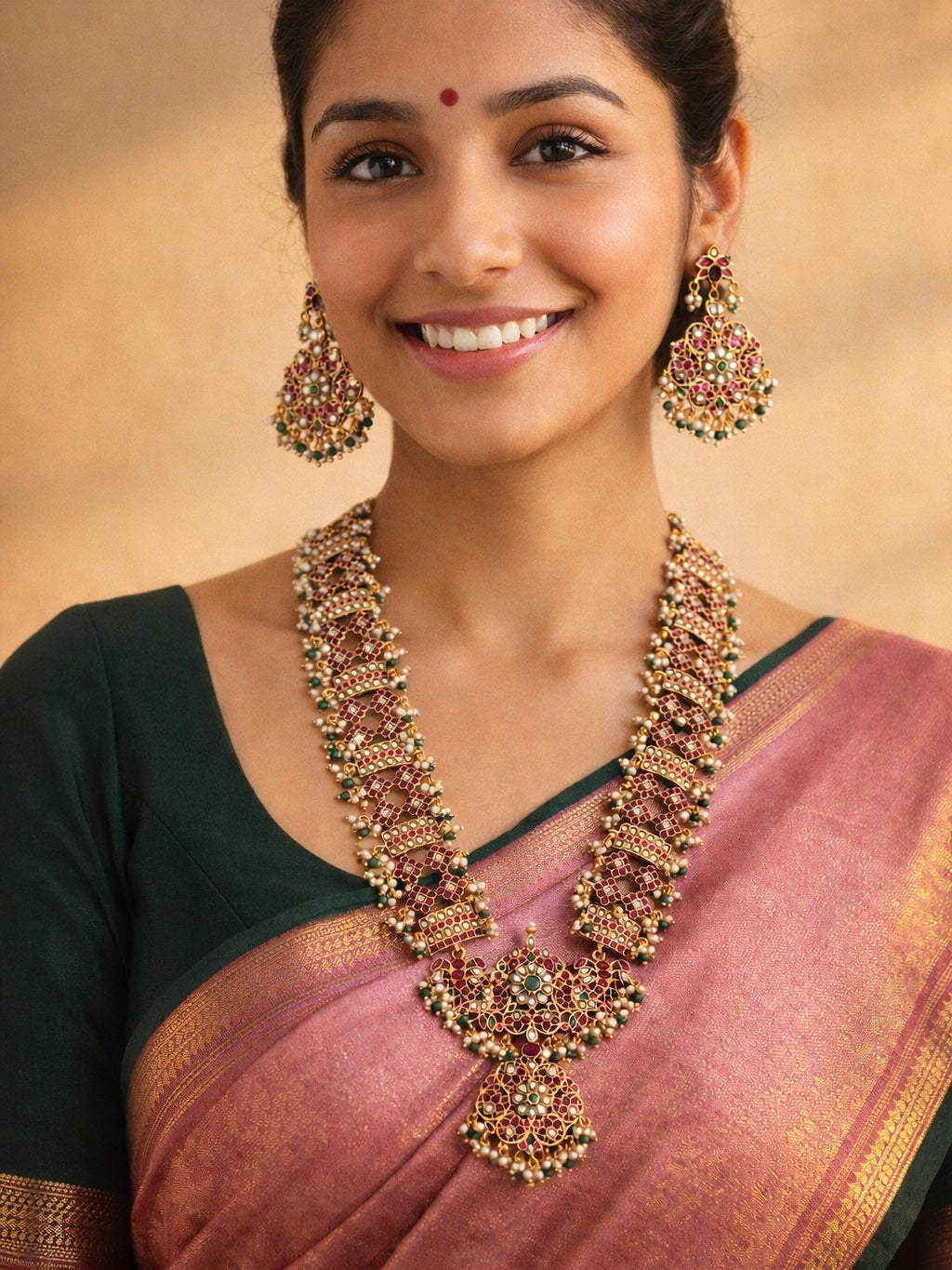 Red & green jadau kemp long necklace with green beads, for brides amd women 
