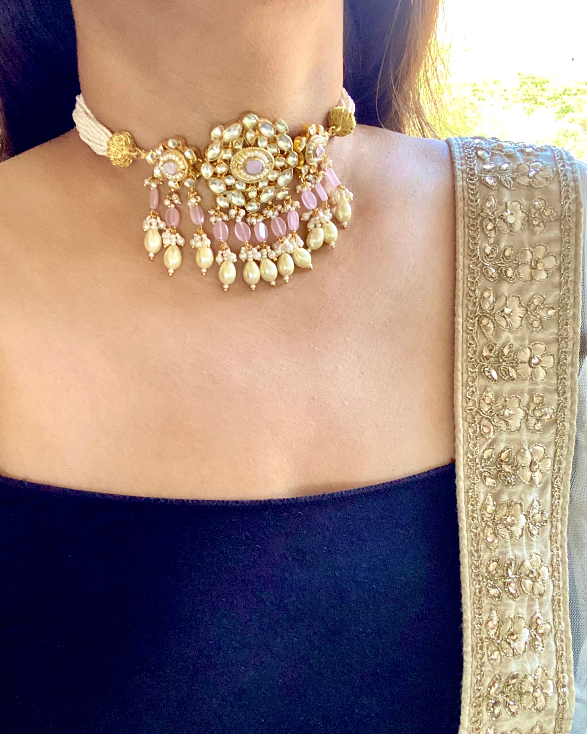 Pink beads kundan choker set with maang tikka