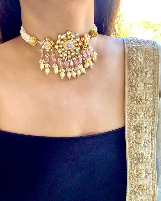 Pink beads kundan choker set with maang tikka