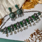 silver oxidised choker set with green stones