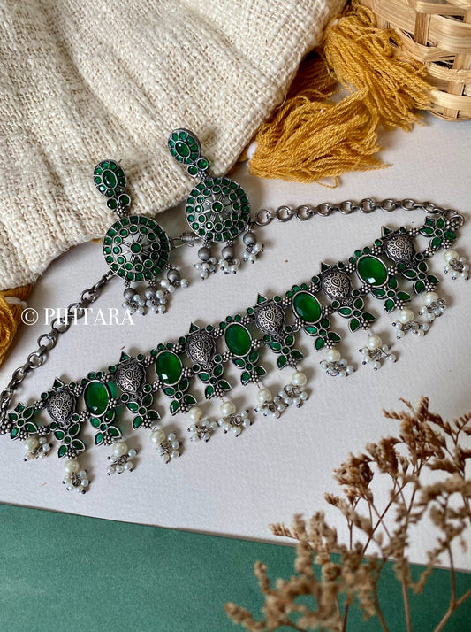 silver oxidised choker set with green stones