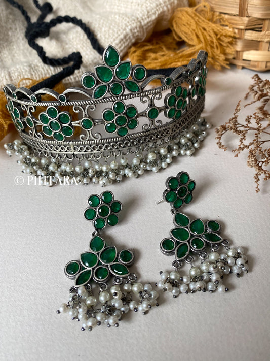 silver oxidised choker set with green stones