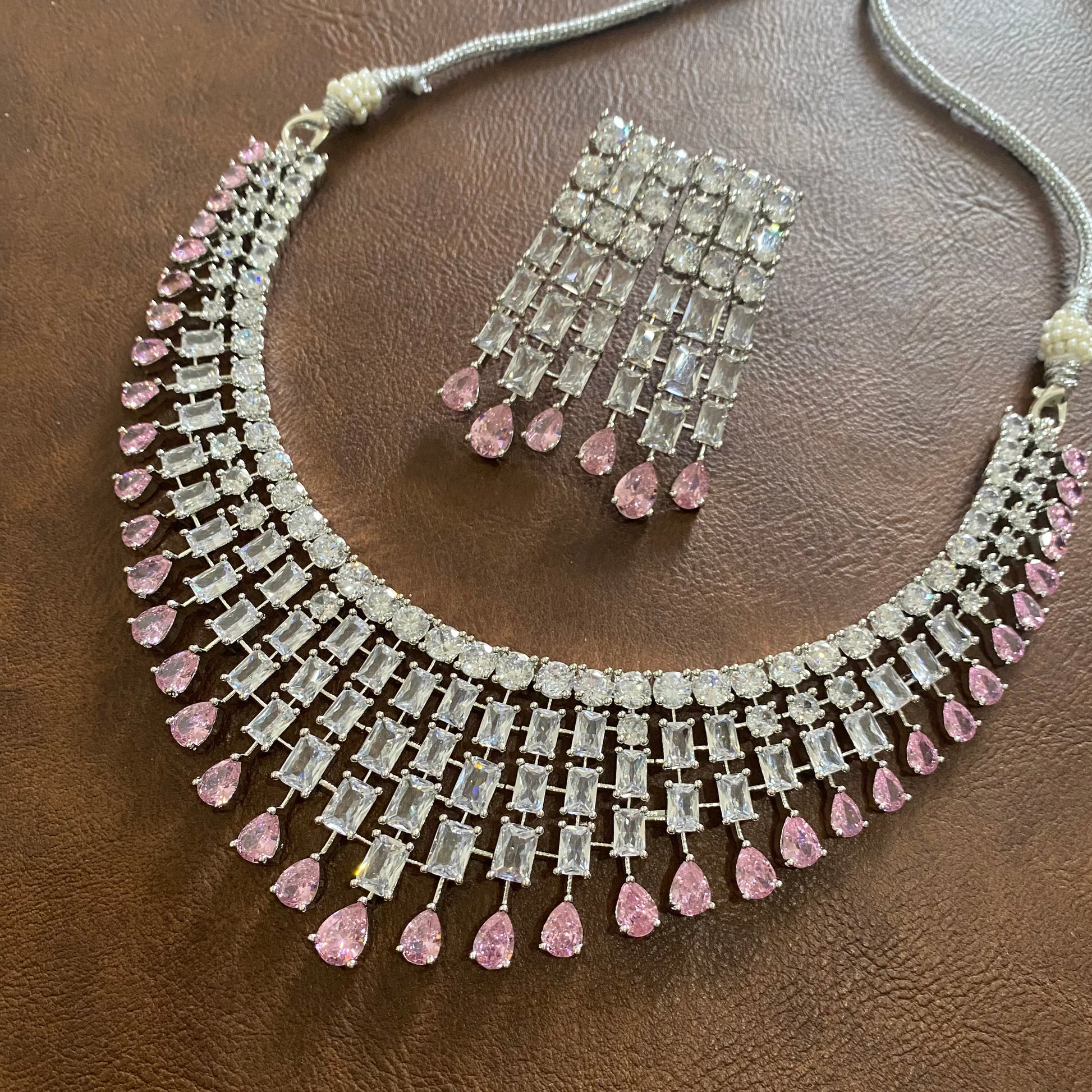artificial diamond necklace with pink stones