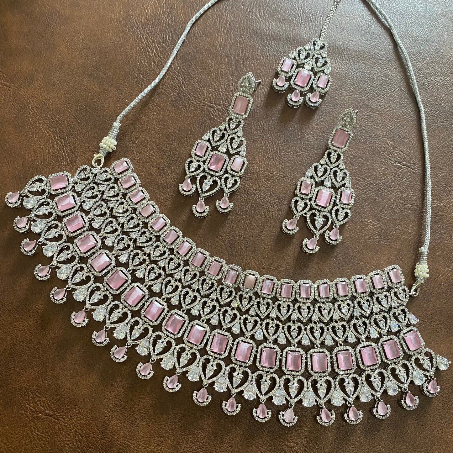 bridal artificial diamond necklace set with pink stones