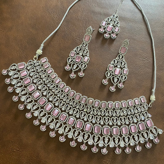 bridal artificial diamond necklace set with pink stones