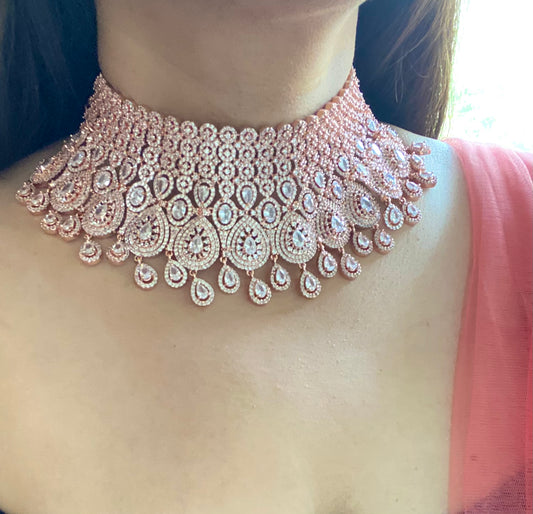 rose gold pink stone bridal choker set