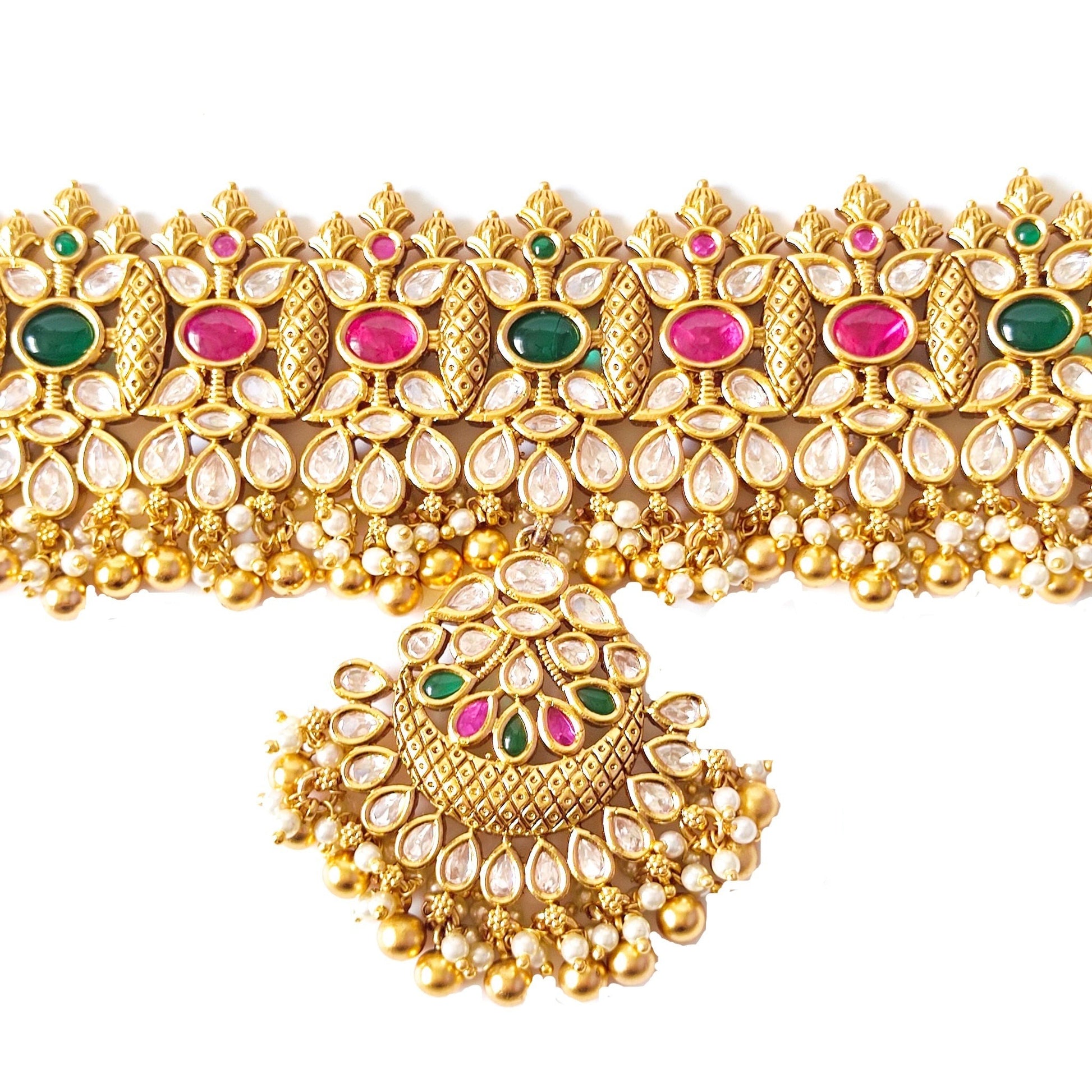 red green kundan choker set
