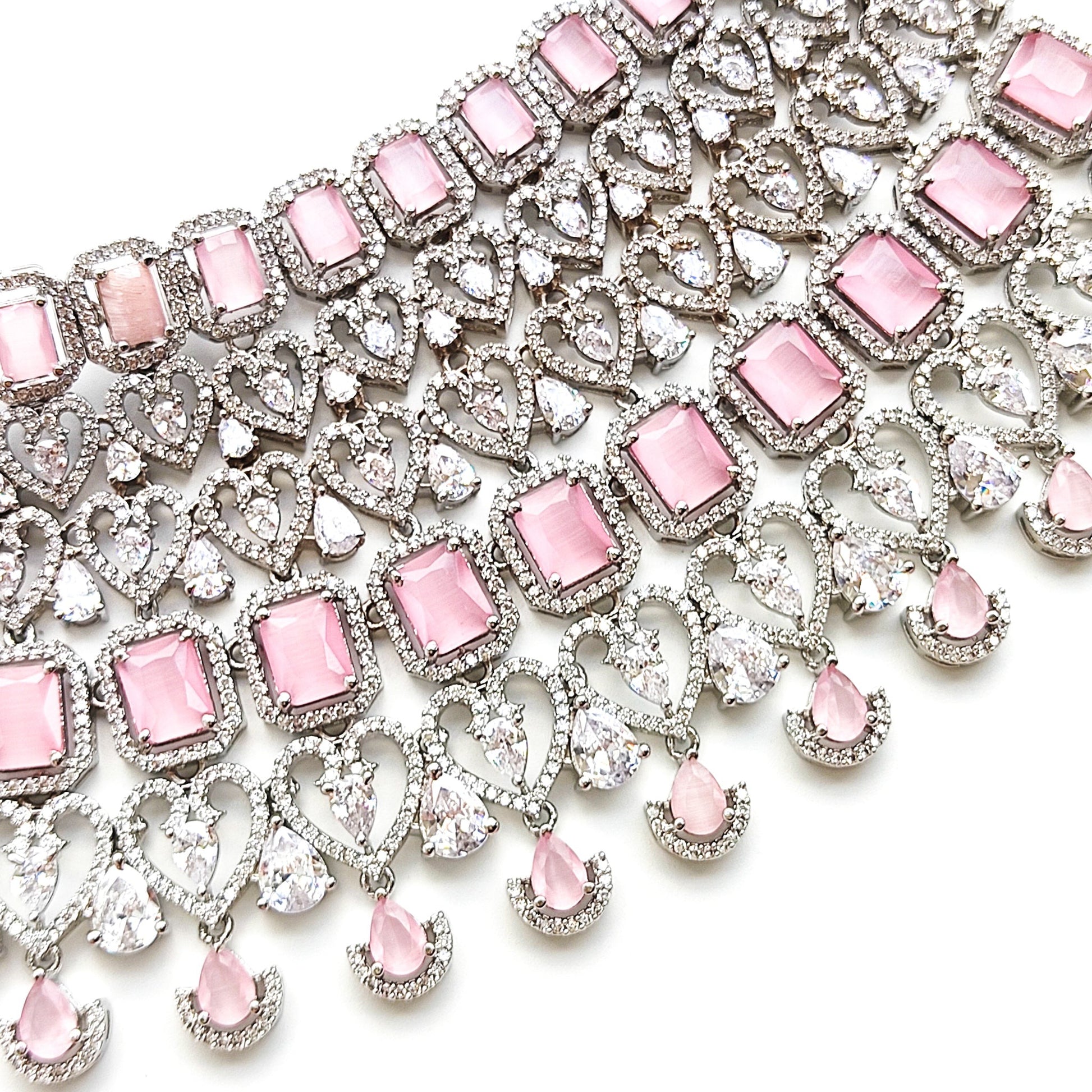 bridal artificial diamond necklace set with pink stones