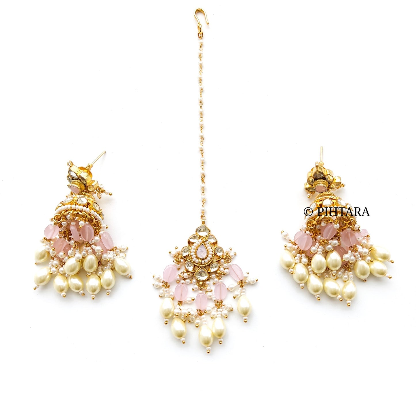 Pink beads kundan choker set with maang tikka