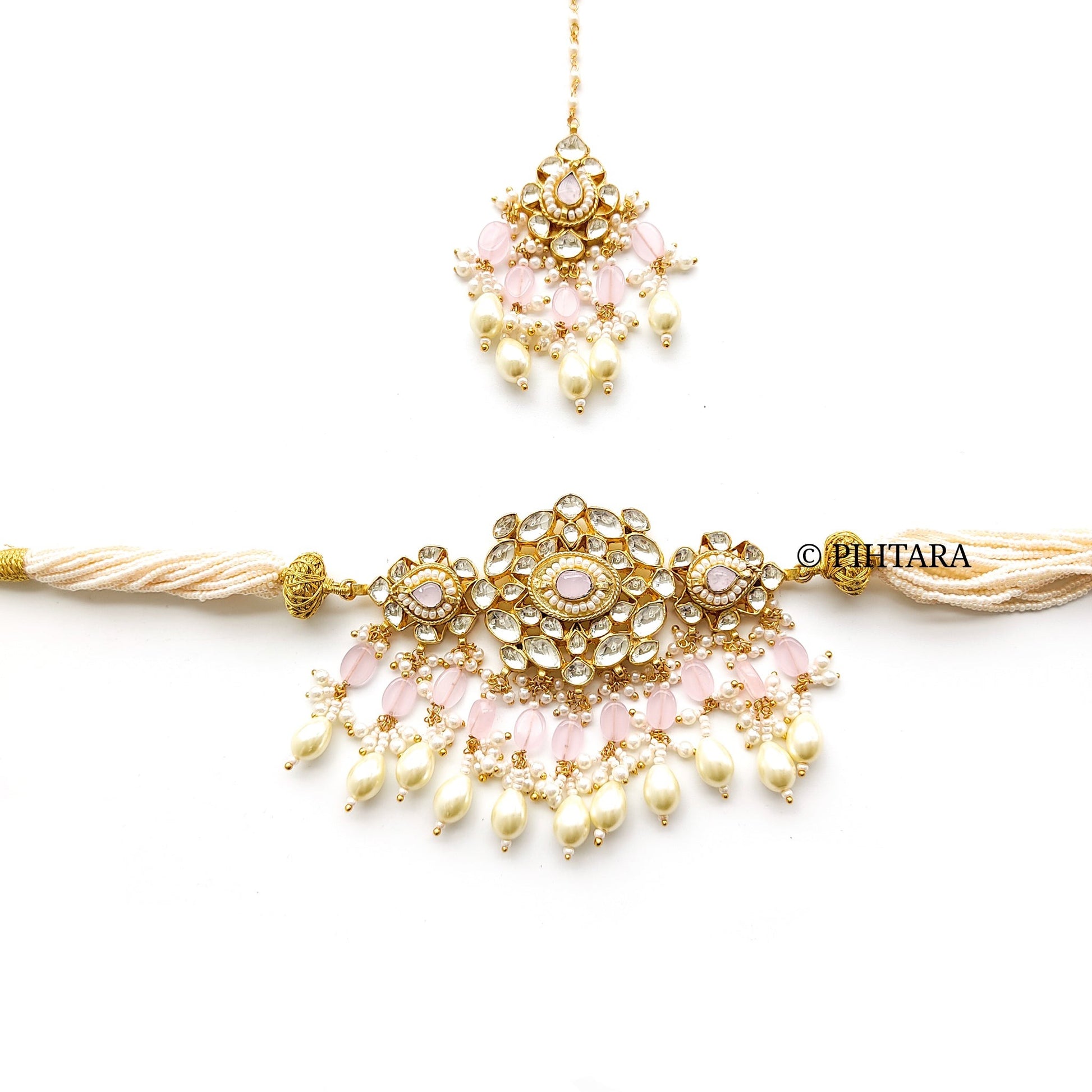 Pink beads kundan choker set with maang tikka