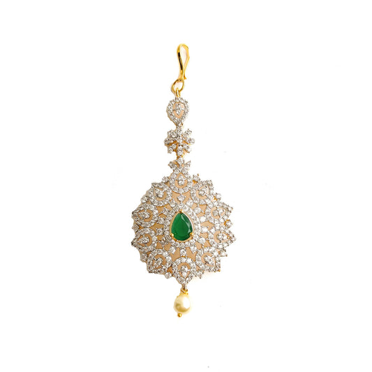 white stone diamond tikka with green stone