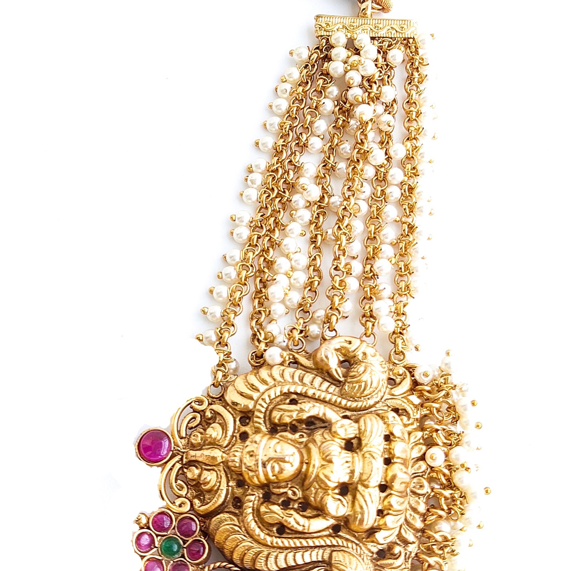 Heavy bridal pearl necklace with lakshmi motifs 