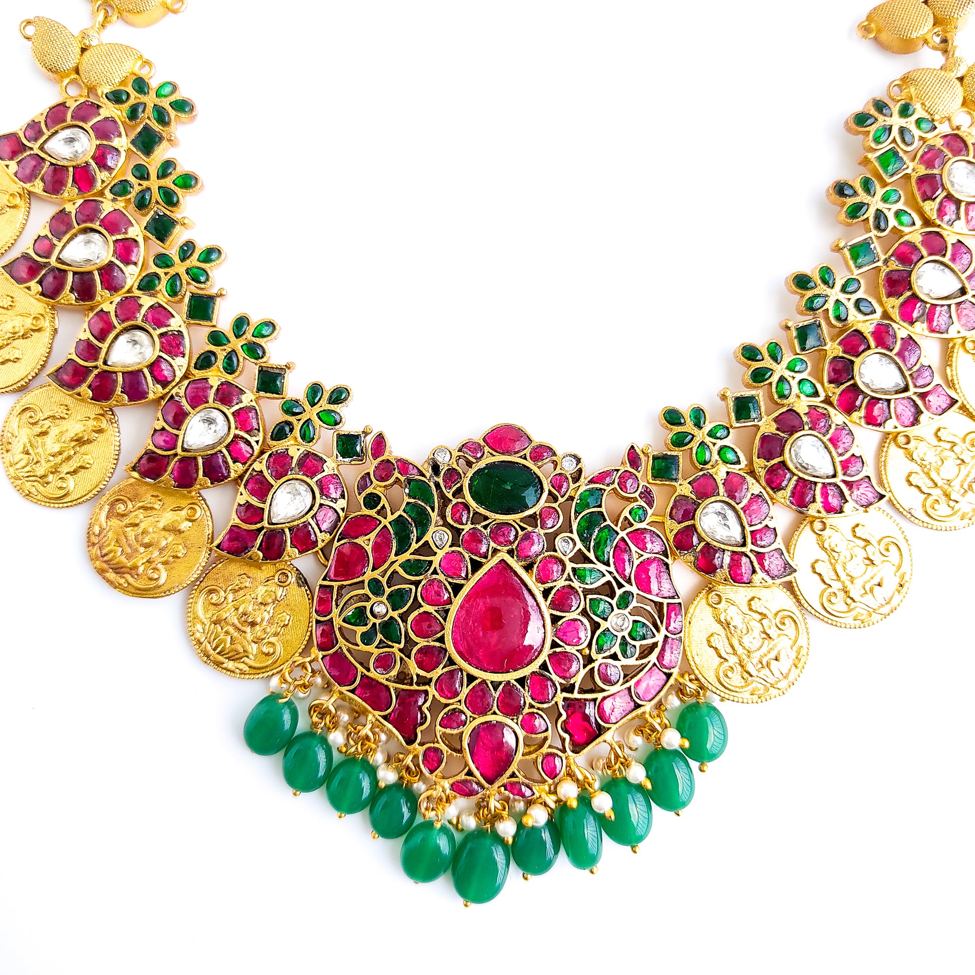 Jadau kundan necklace with green beads and coin necklace