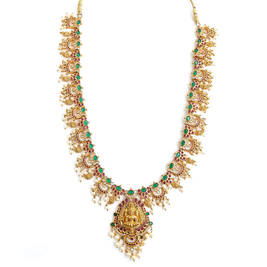 Designer haaram with green stones and lakshmi pendant