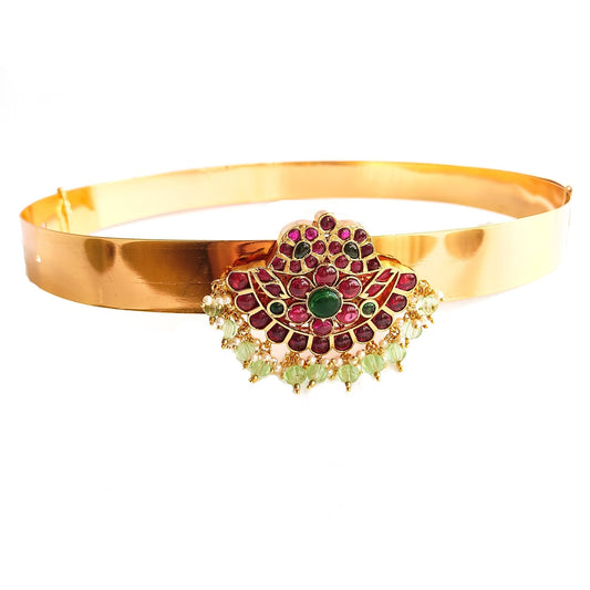 Simple hip belt with green beads for sarees and lehengas 