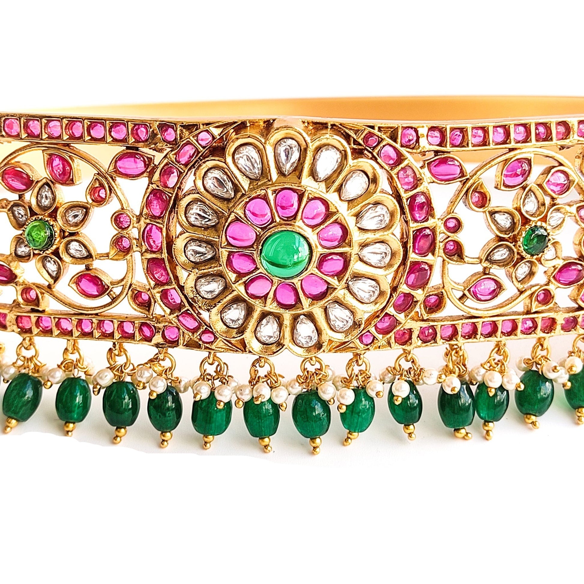 kundan hip belt with green beads