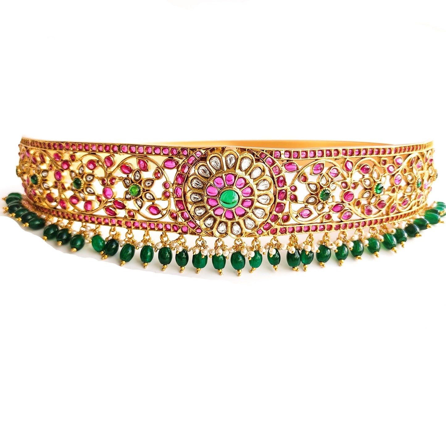 kundan hip belt with green beads