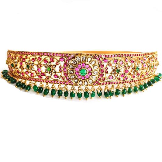 kundan hip belt with green beads