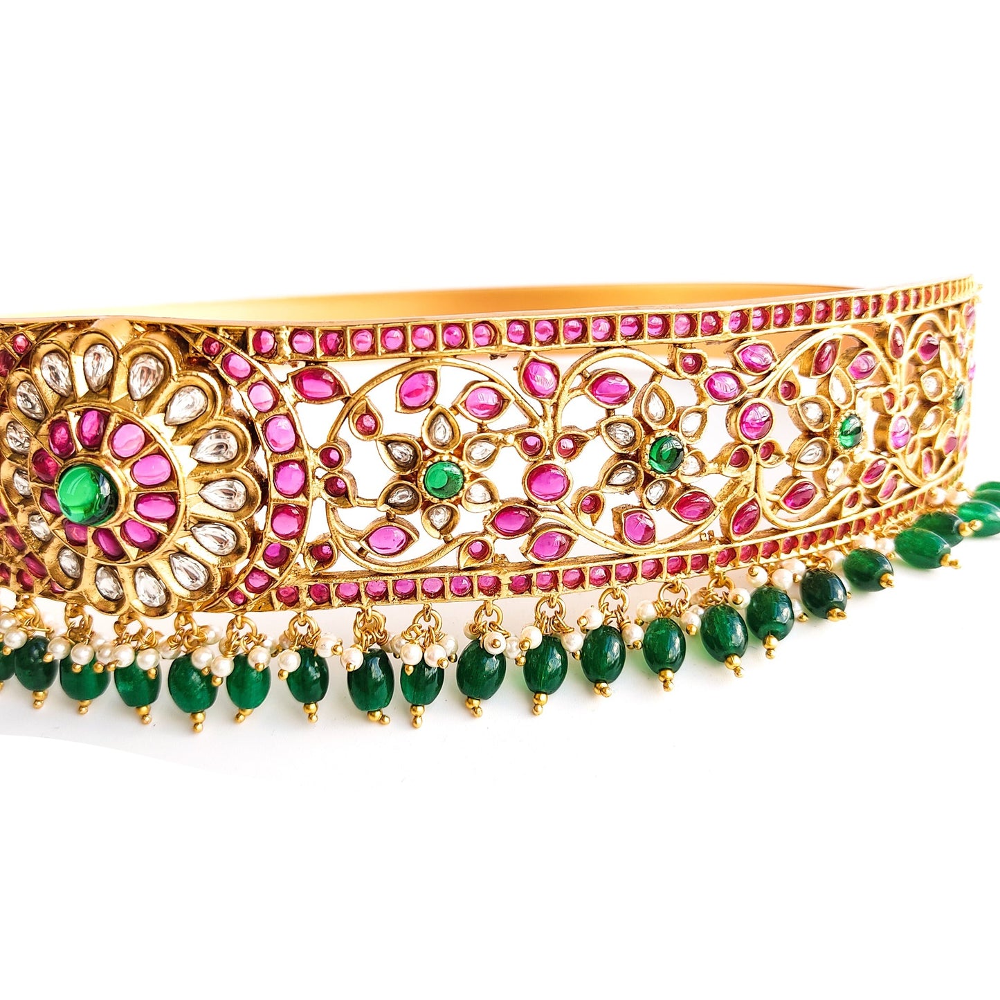 kundan hip belt with green beads