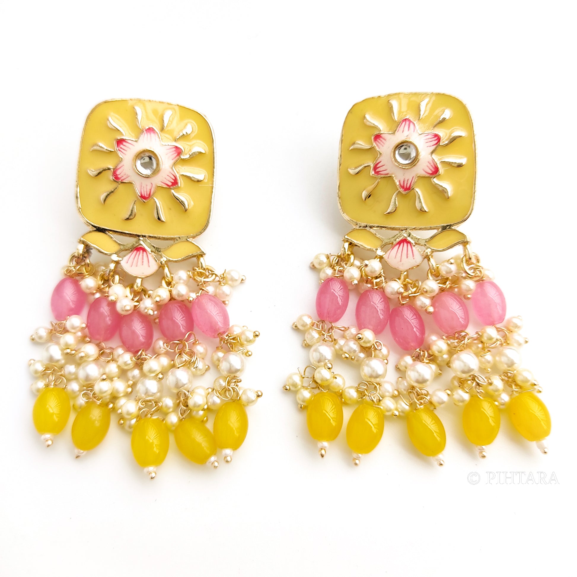 Pastel Yellow meenakari choker set with pink beads